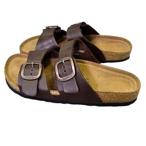 Aerothotic Brown Leather Cork Footbed Double‎ Buckle Slide Sandals Women 39 8